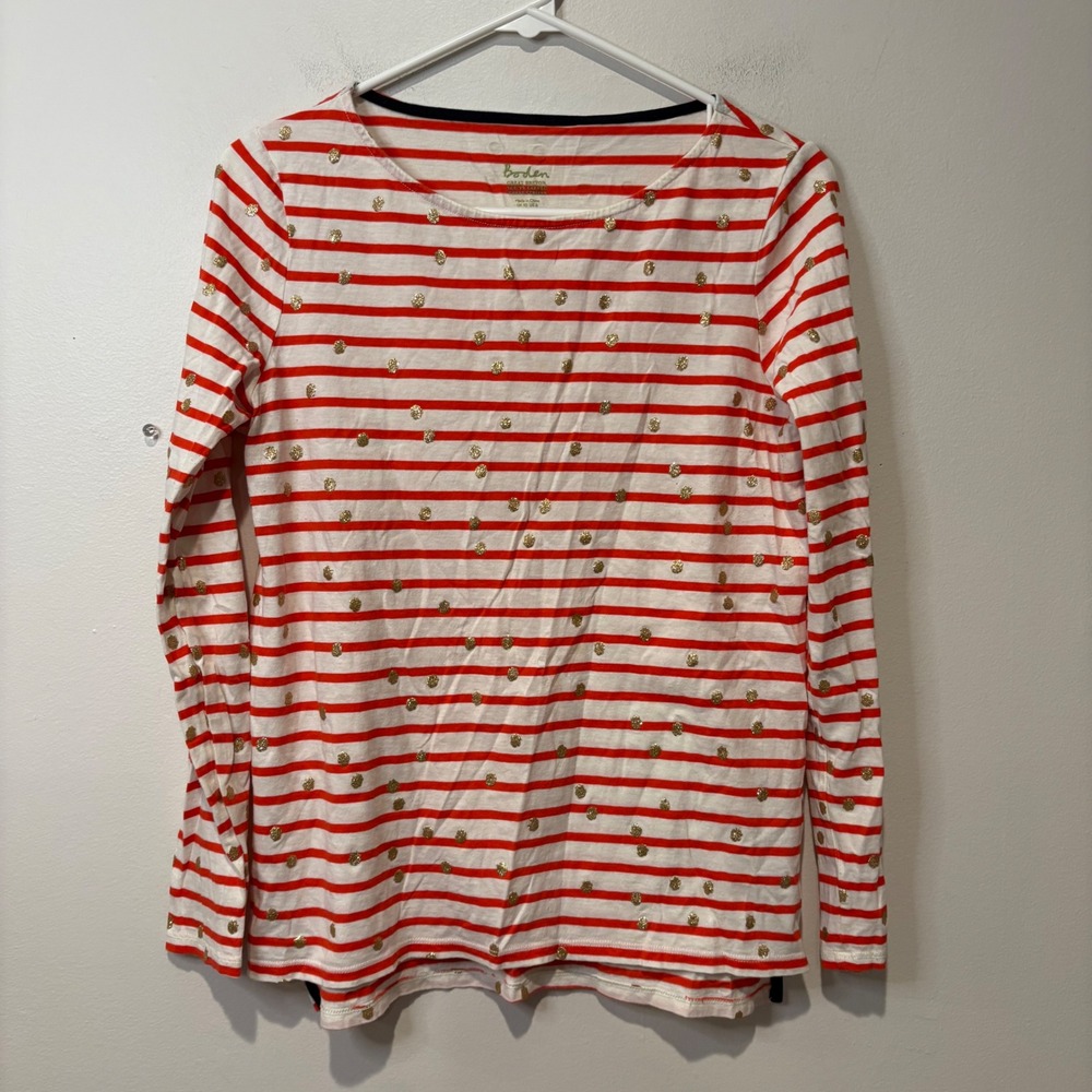 Boden Red‎ White Stripe Glitter Dot Long Sleeve Womens UK 10 US 6 Cotton Holiday
